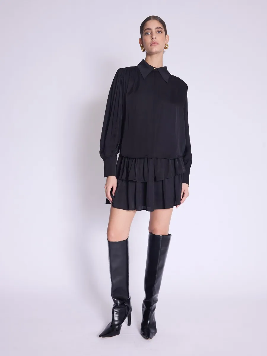 Chemise CHARLENE | Chemise noire satinée et manches bouffantes