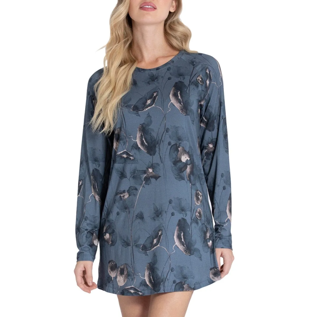 Chemise de nuit courte à motif floral Asaka bleu d'Impetus Woman