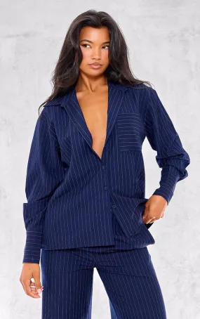 Chemise oversize en maille tissée bleu marine imprimé rayures fines