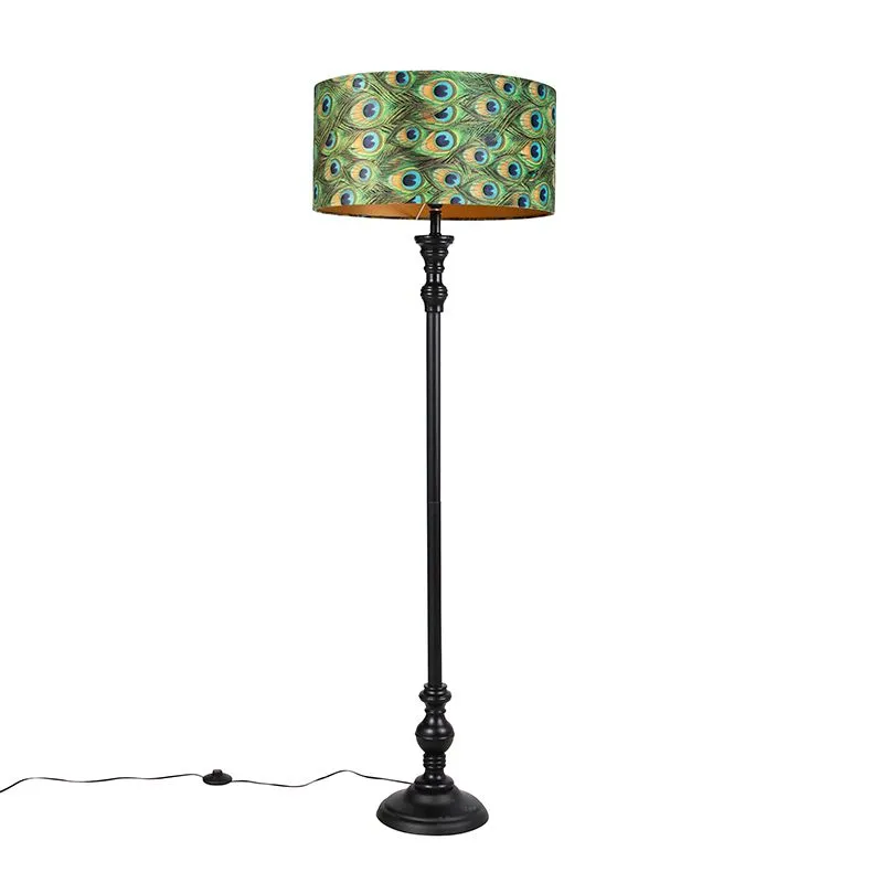 Lampadaire noir avec abat-jour en velours paon doré 50 cm - Classico