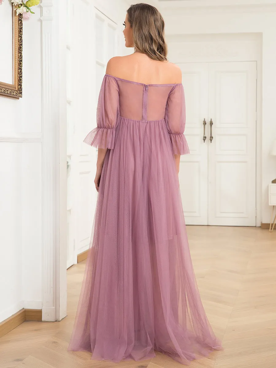 Maxi robe de maternité en tulle plissé à épaules dénudées