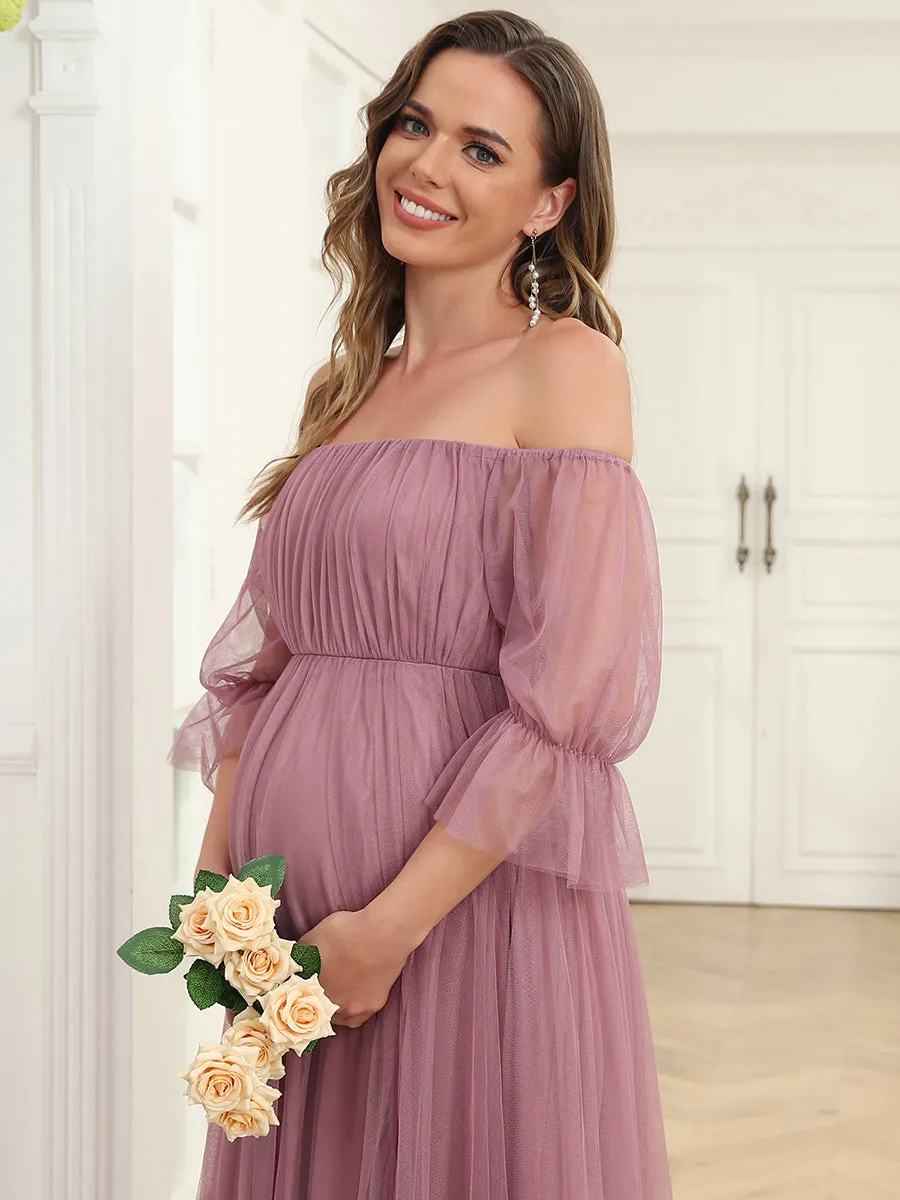 Maxi robe de maternité en tulle plissé à épaules dénudées