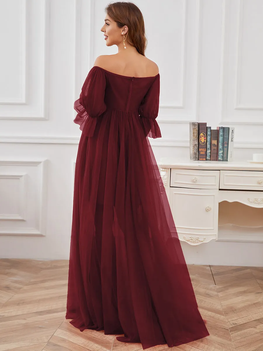 Maxi robe de maternité en tulle plissé à épaules dénudées