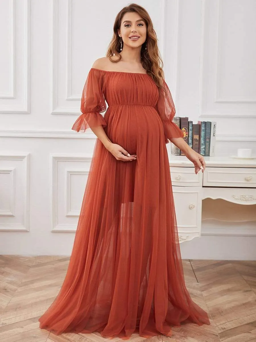 Maxi robe de maternité en tulle plissé à épaules dénudées