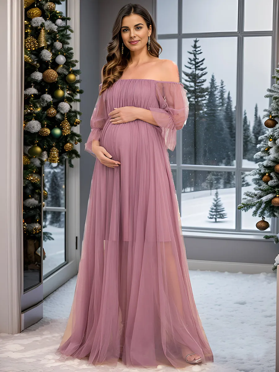 Maxi robe de maternité en tulle plissé à épaules dénudées