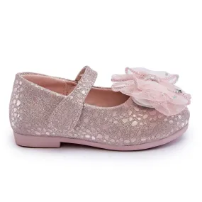 PA1 Ballerines Enfant Avec Noeud Et Velcro Paillettes Elisa Rose Argenté