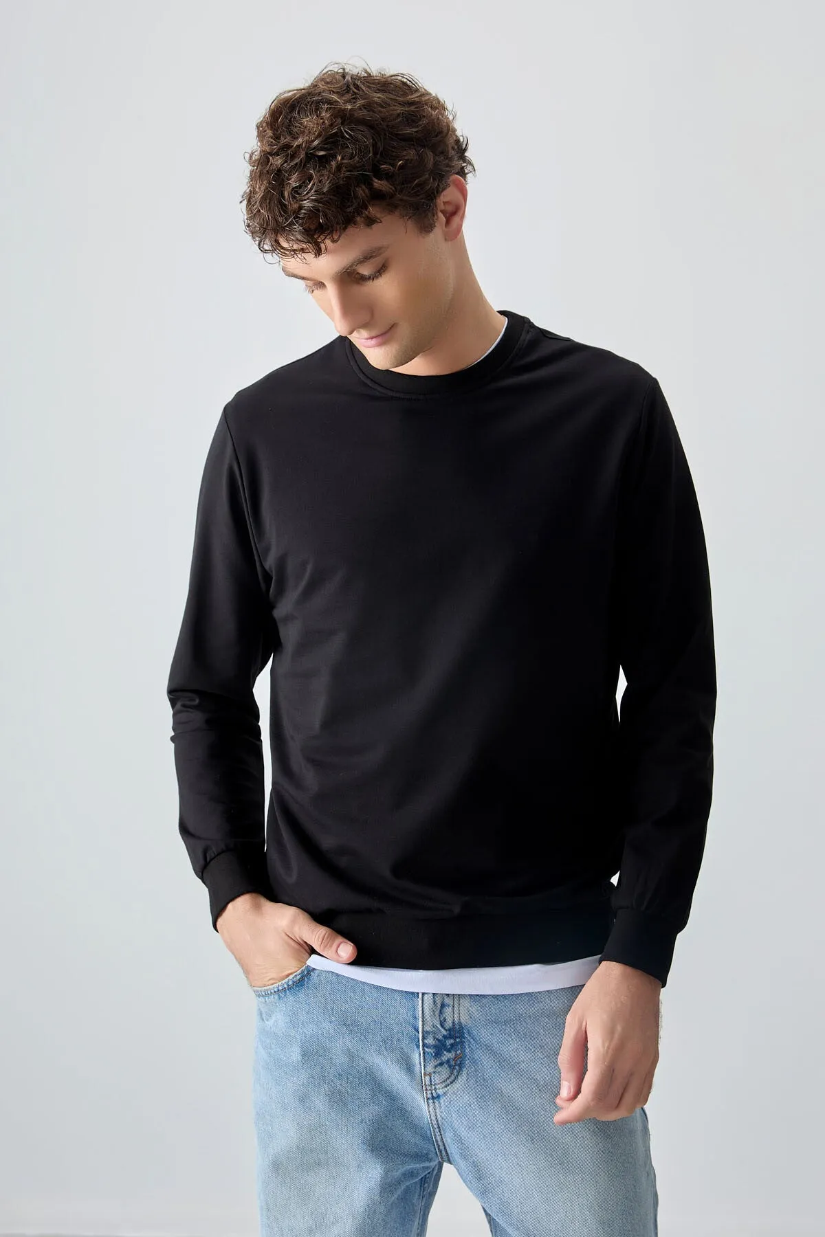 pamuk yumuak dokulu standart fit basic erkek sweatshirt - 88363
