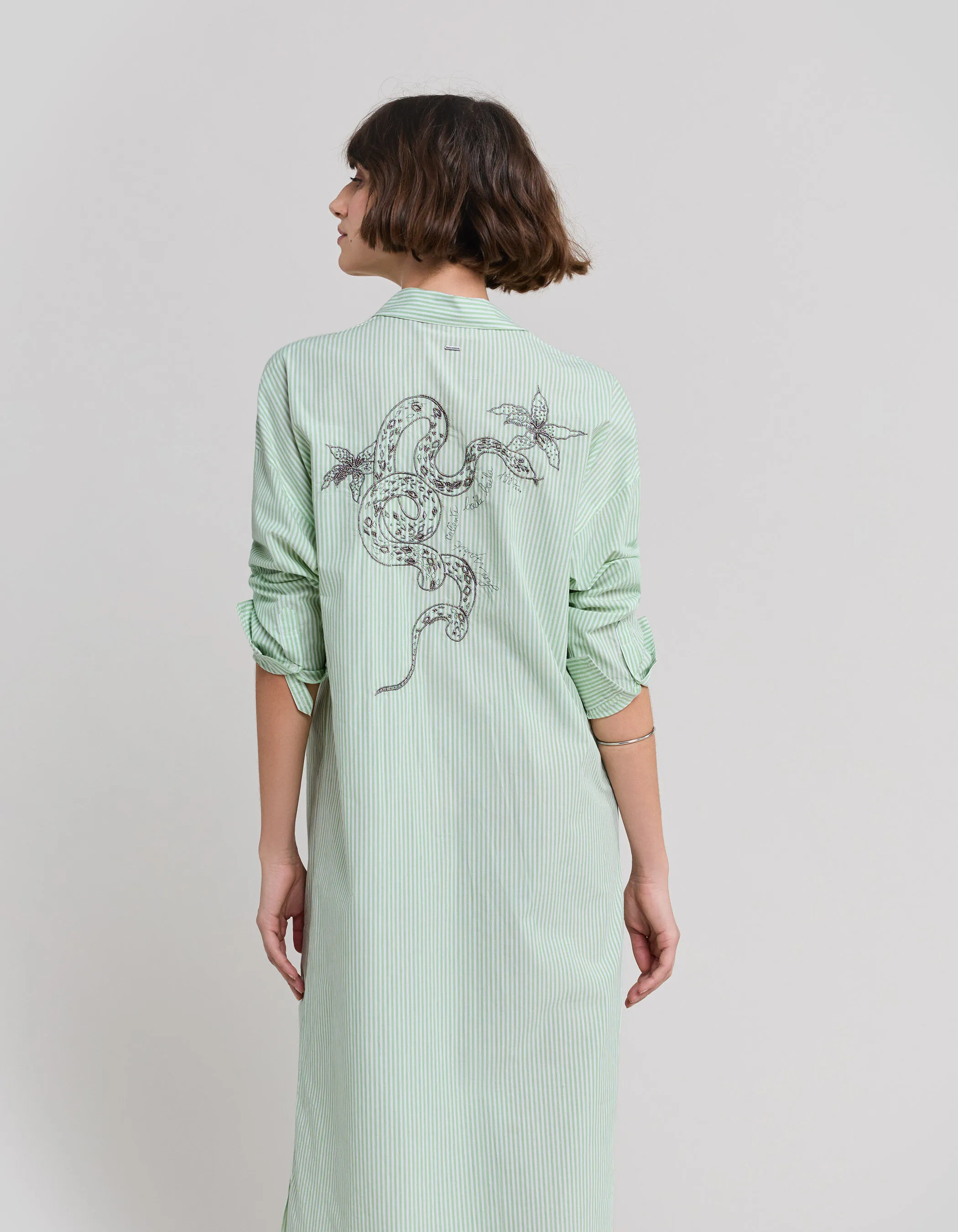 Robe chemise à rayures pistache broderie dos Femme