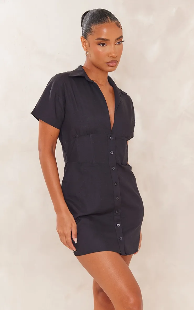 Robe chemise effet lin noir à manches courtes et taille cintrée