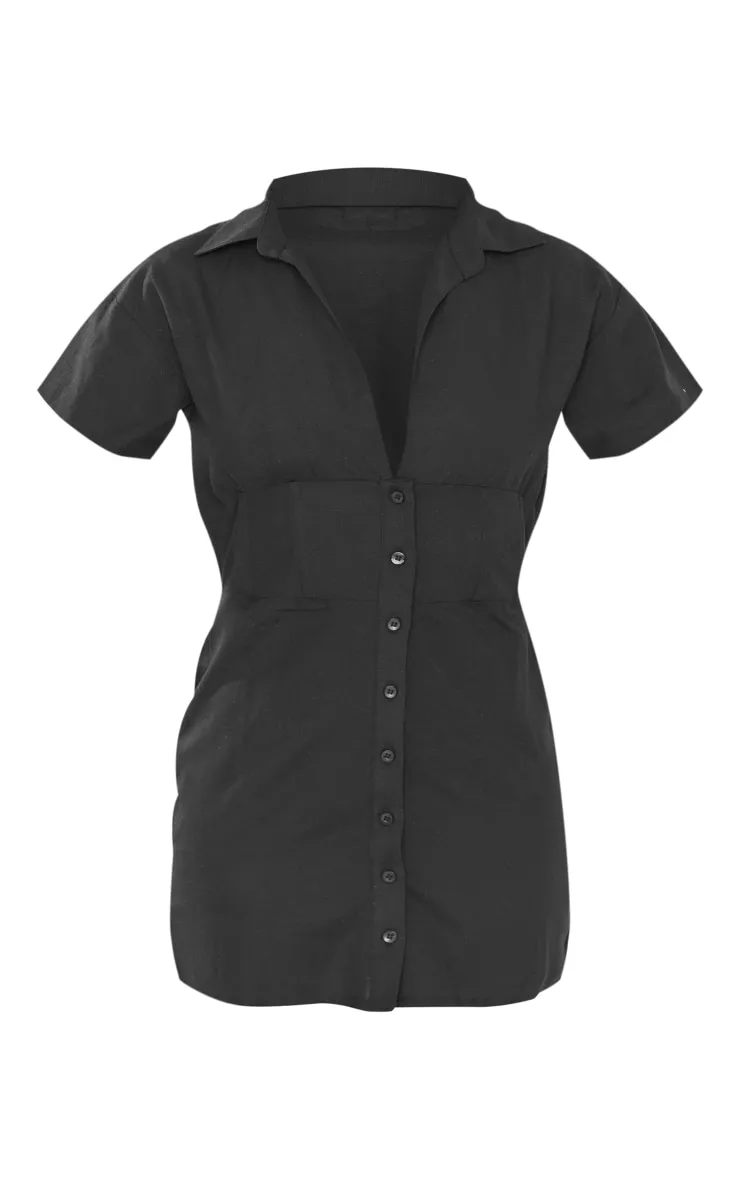 Robe chemise effet lin noir à manches courtes et taille cintrée