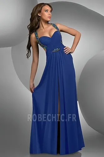 Robe de Bal taille haute Mousseline de soie Maigre Bleu foncé