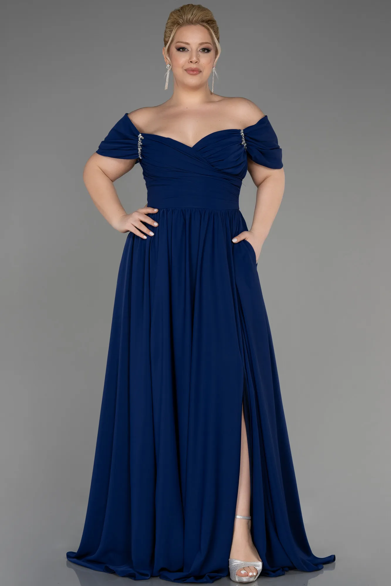 Robe de Soirée Grande Taille Longue Mousseline Bleu Marine ABU3738