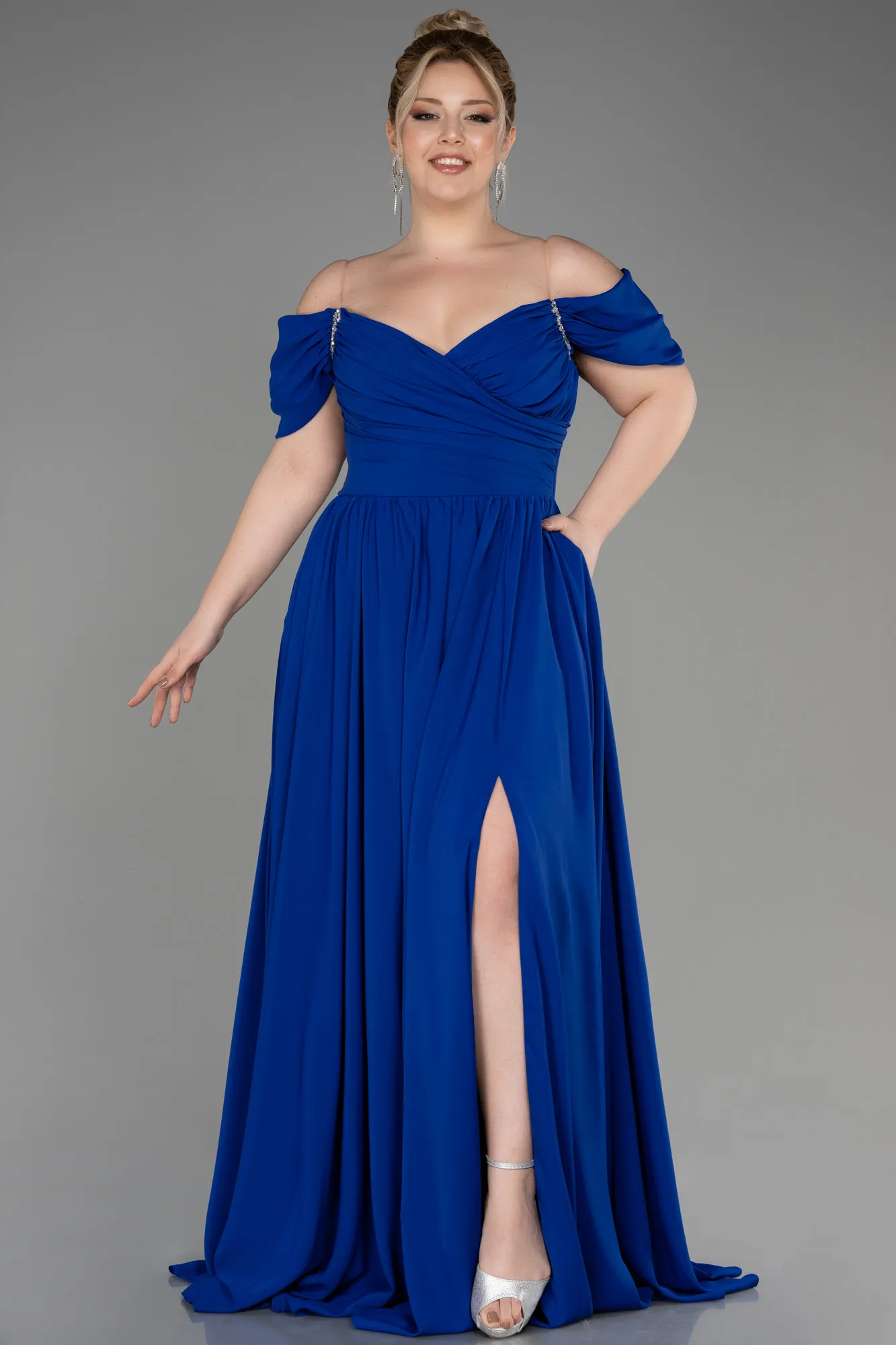 Robe de Soirée Grande Taille Longue Mousseline Bleu Marine ABU3738