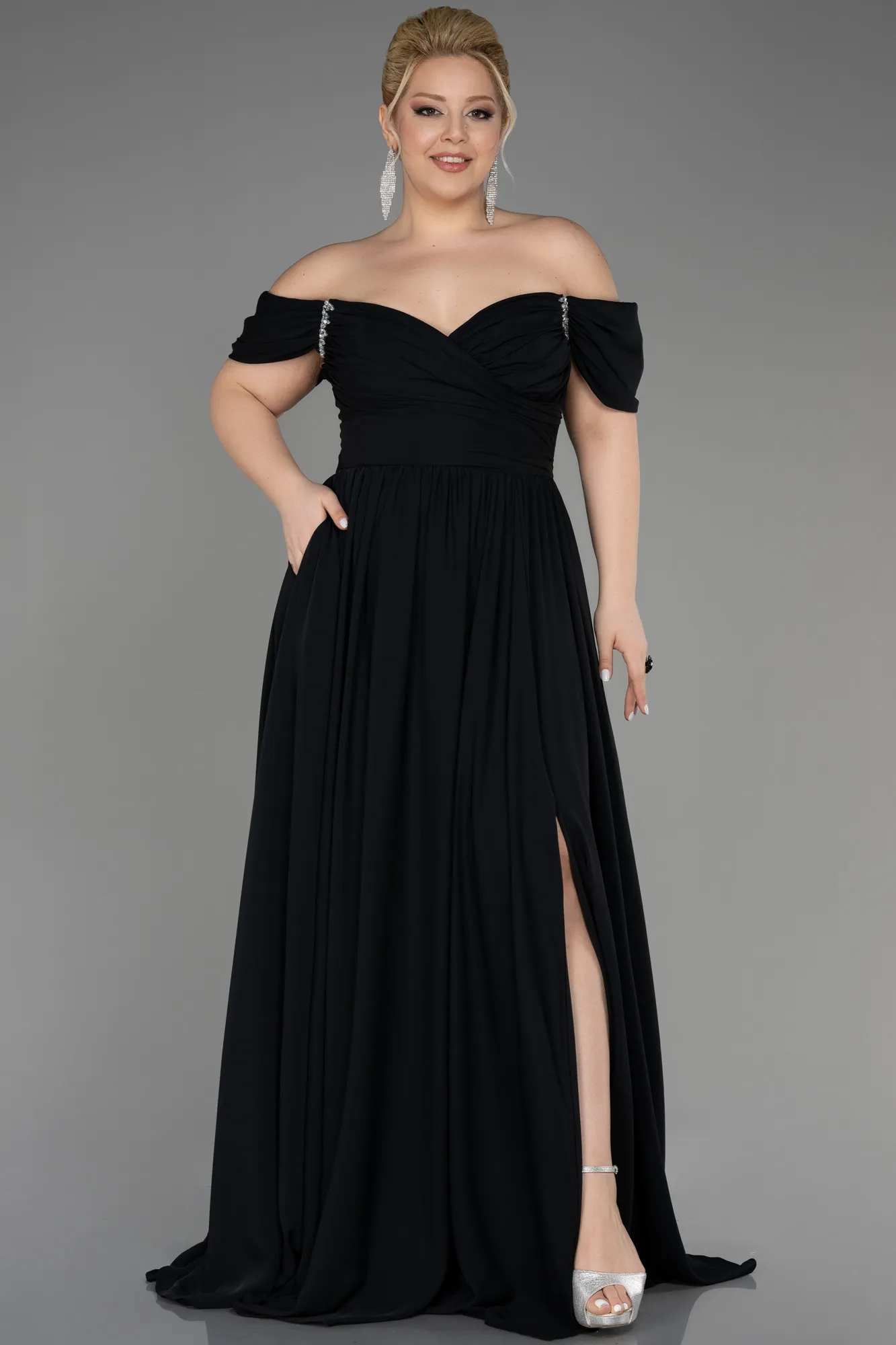 Robe de Soirée Grande Taille Longue Mousseline Bleu Marine ABU3738