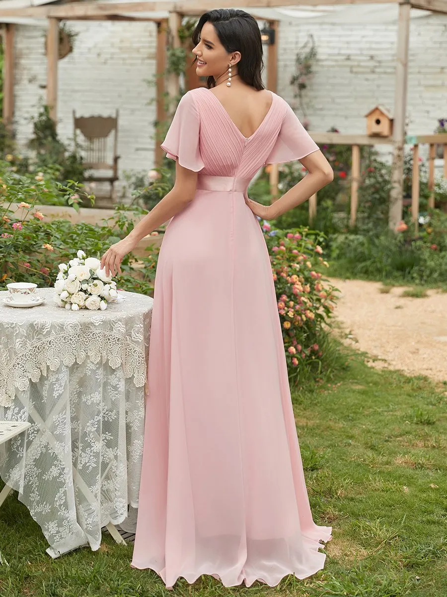 Robe Demoiselle d'Honneur Longue en Mousseline à Col en V