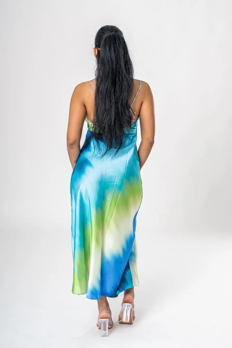 Robe longue satinée dégradé bleu