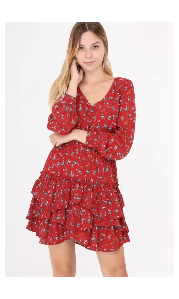 Robe rouge manches longues à fleurs avec volants -  Morango, vêtements pour femme