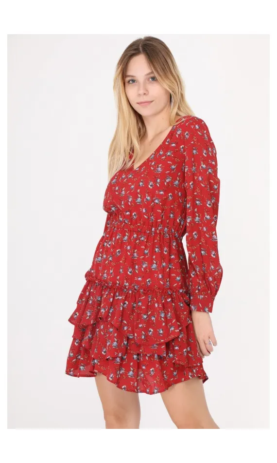 Robe rouge manches longues à fleurs avec volants -  Morango, vêtements pour femme