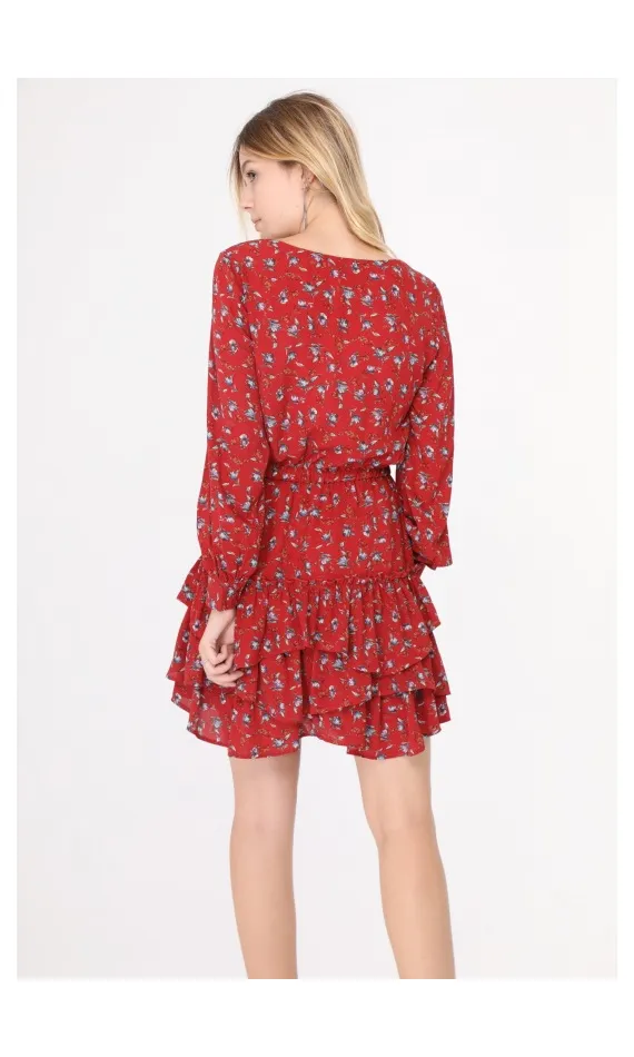 Robe rouge manches longues à fleurs avec volants -  Morango, vêtements pour femme