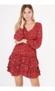 Robe rouge manches longues à fleurs avec volants -  Morango, vêtements pour femme