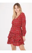 Robe rouge manches longues à fleurs avec volants -  Morango, vêtements pour femme