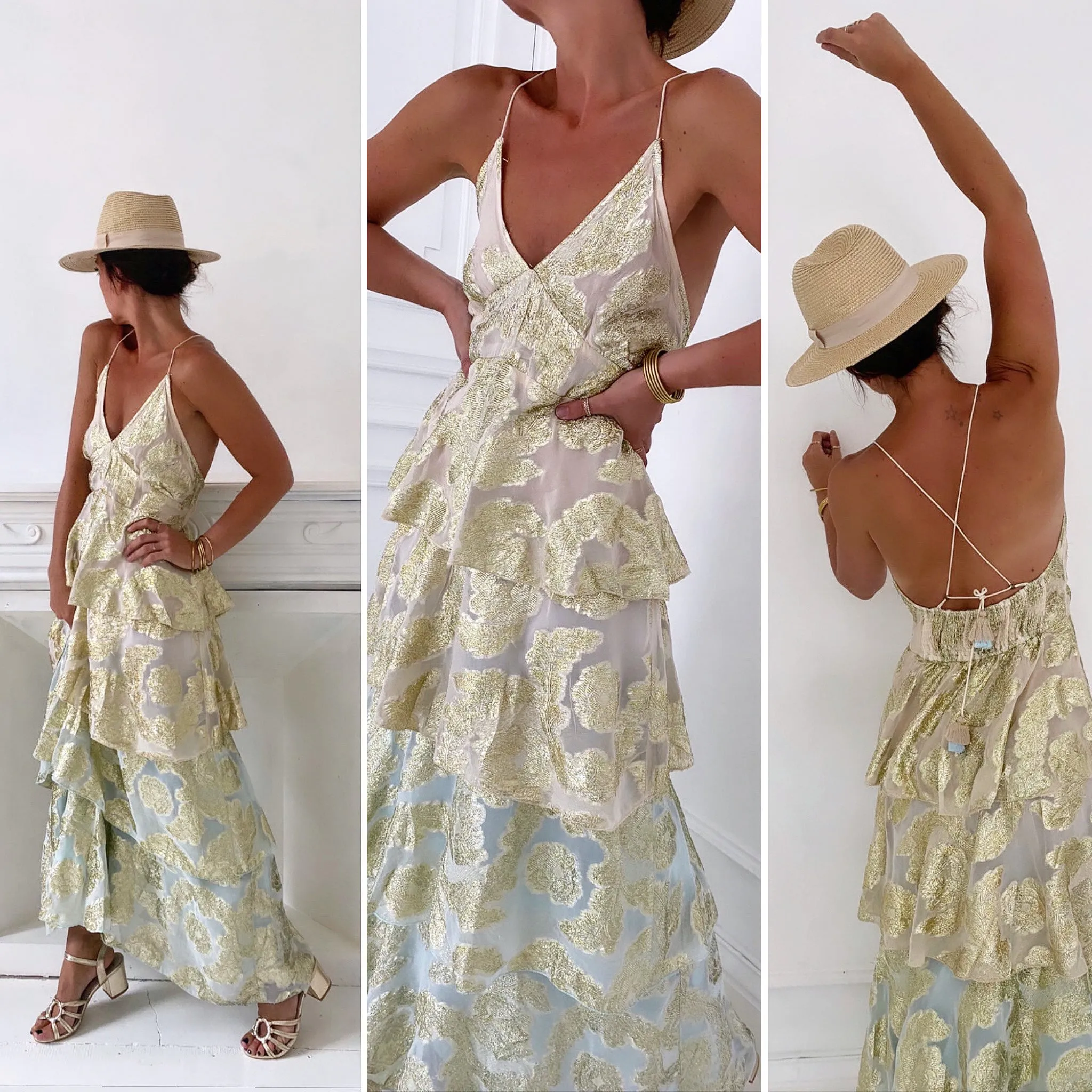 Robe volantée beige motifs dorés
