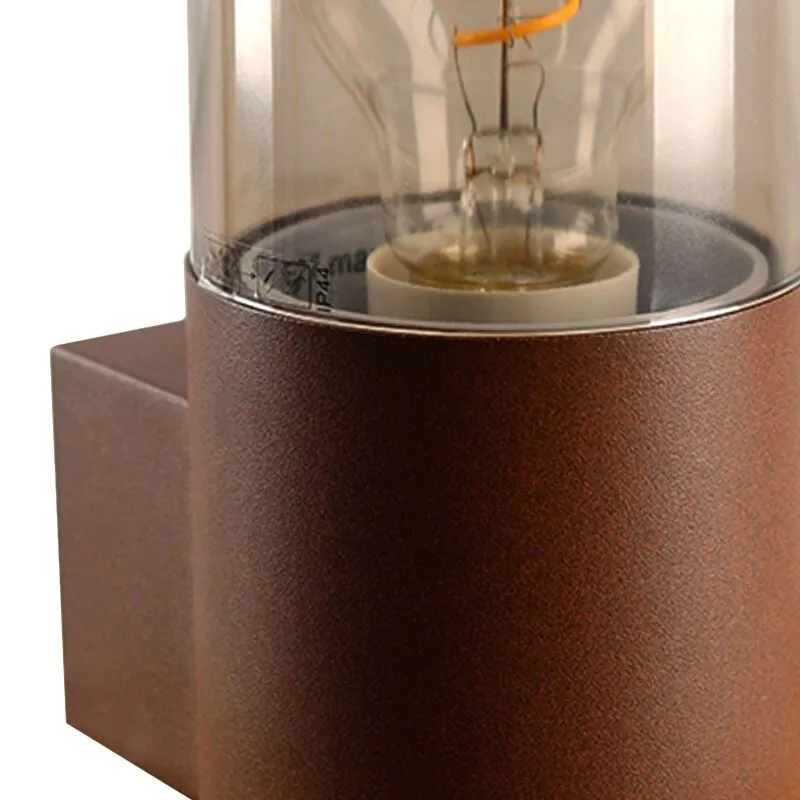 Roestkleur wandlamp Sanel, smoke glas, IP44, cilinder